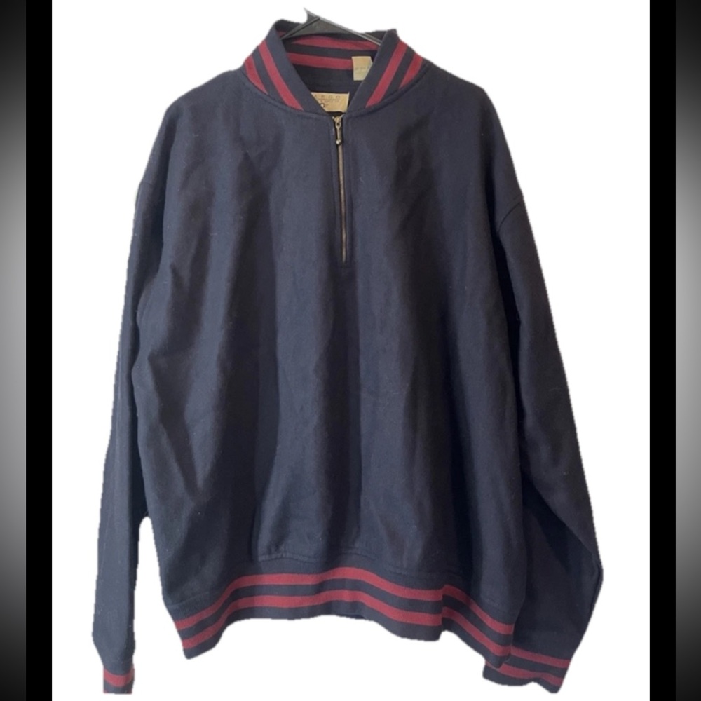 Fargo BLUE 1/4 Zip WOOL nylon JACKET PULLOVER Red Striped Cuffs/ Hem Men's Large